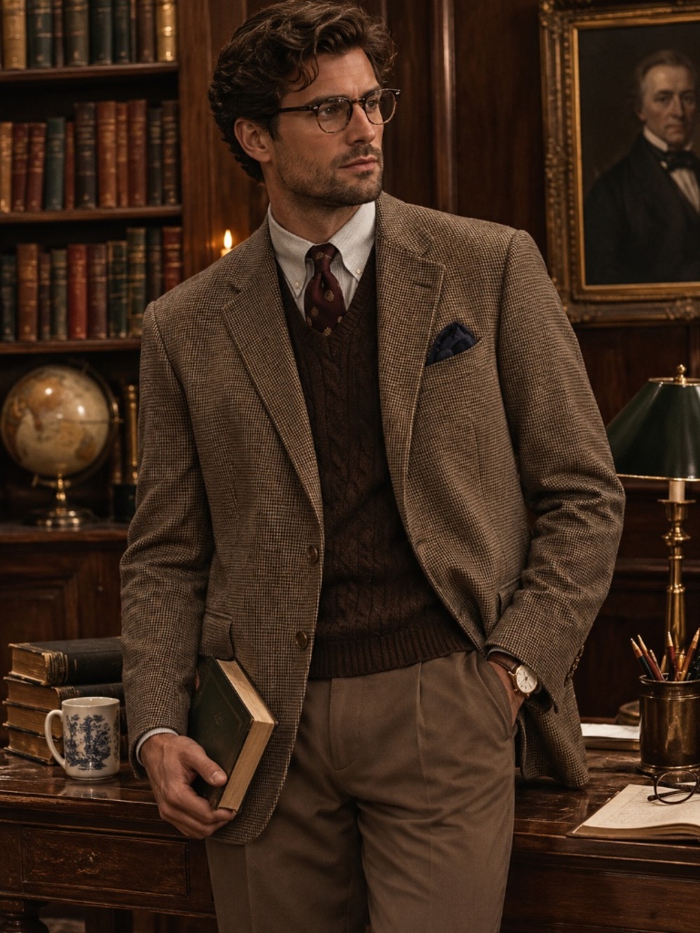 Lauren Ralph Lauren Men's Taupe Houndstooth Sports Coat 48R Academia Old Money